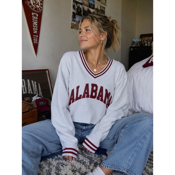 Champion Tops - Champion Reverse Weave Alabama Crimson Tide Cropped V-Neck Sweatshirt Gray Small